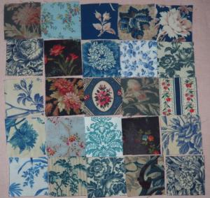 petits coupons pour patchwork, petits coupons de tissus anciens , dominance bleue